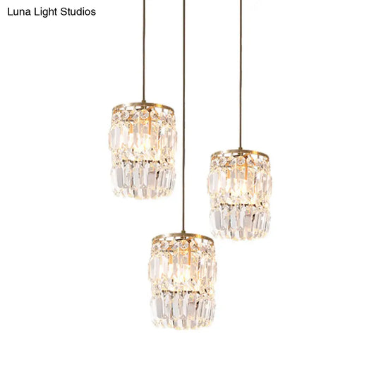 Modern Crystal Pendant Lamp With 3-Bulb Brass Finish Hanging Light Fixture And Linear/Round Canopy