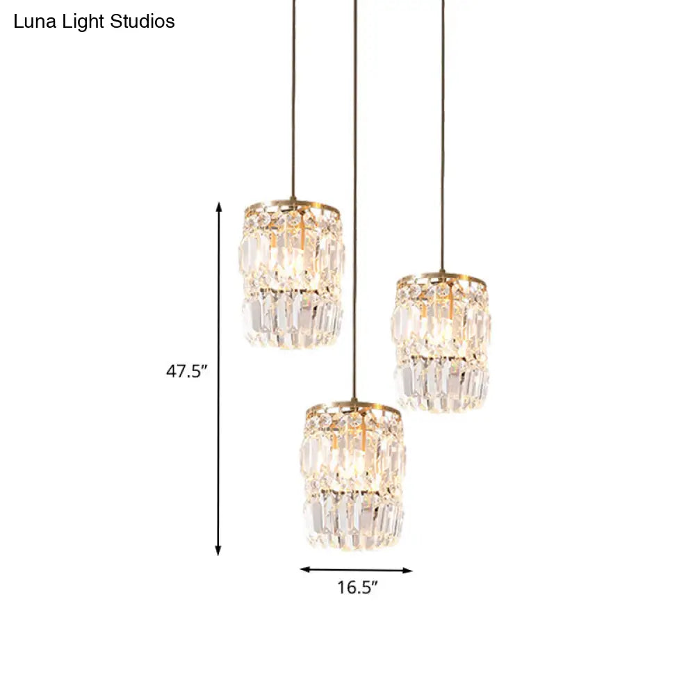 Modern Cylinder Crystal Hanging Light With Brass Finish - 3-Bulb Pendant Lamp Fixture