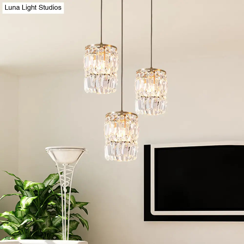 Modern Crystal Pendant Lamp With 3-Bulb Brass Finish Hanging Light Fixture And Linear/Round Canopy /