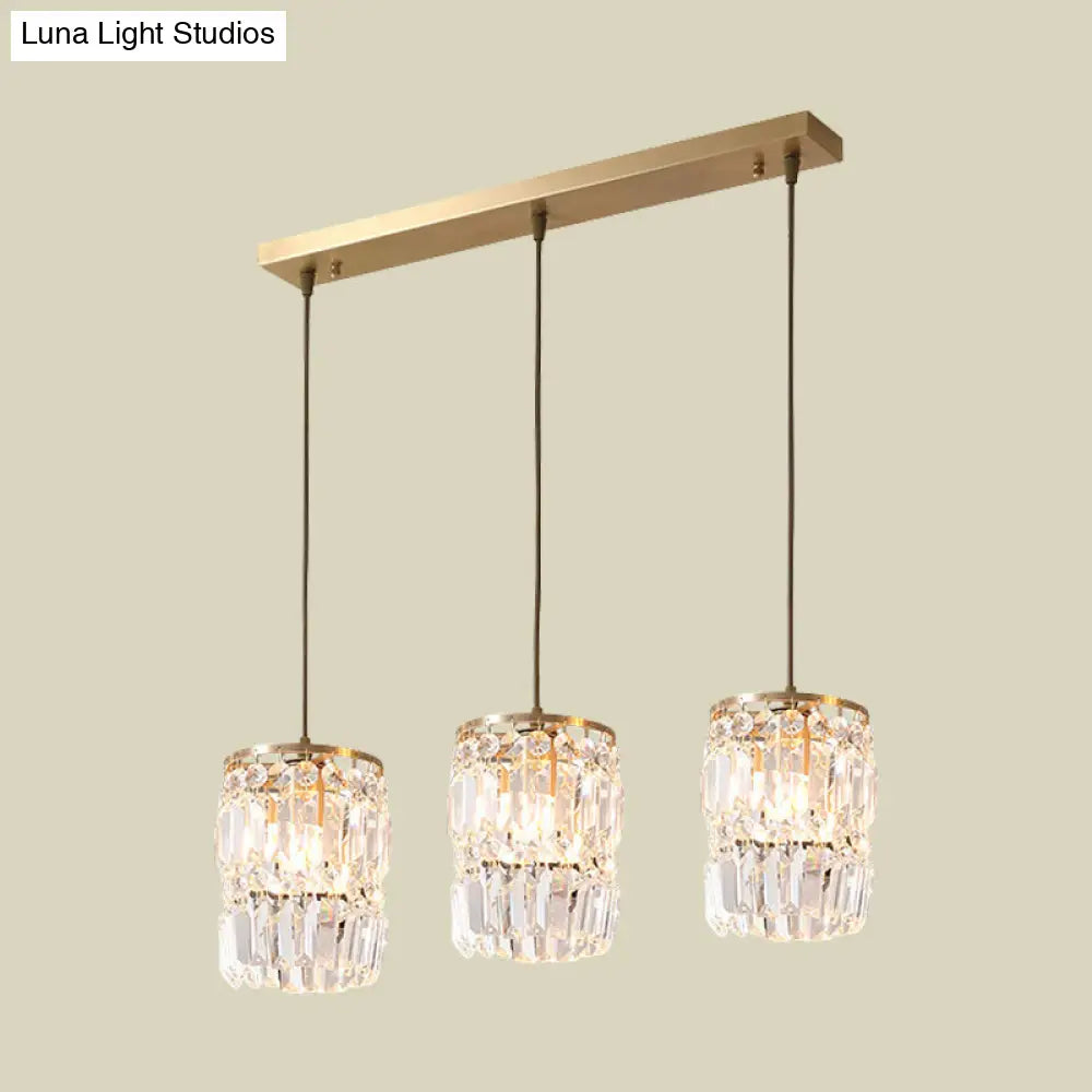 Modern Cylinder Crystal Hanging Light With Brass Finish - 3-Bulb Pendant Lamp Fixture