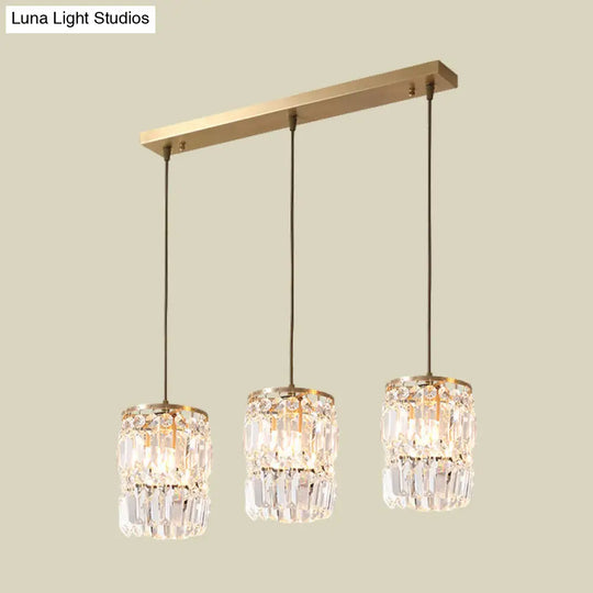 Modern Cylinder Crystal Hanging Light With Brass Finish - 3-Bulb Pendant Lamp Fixture