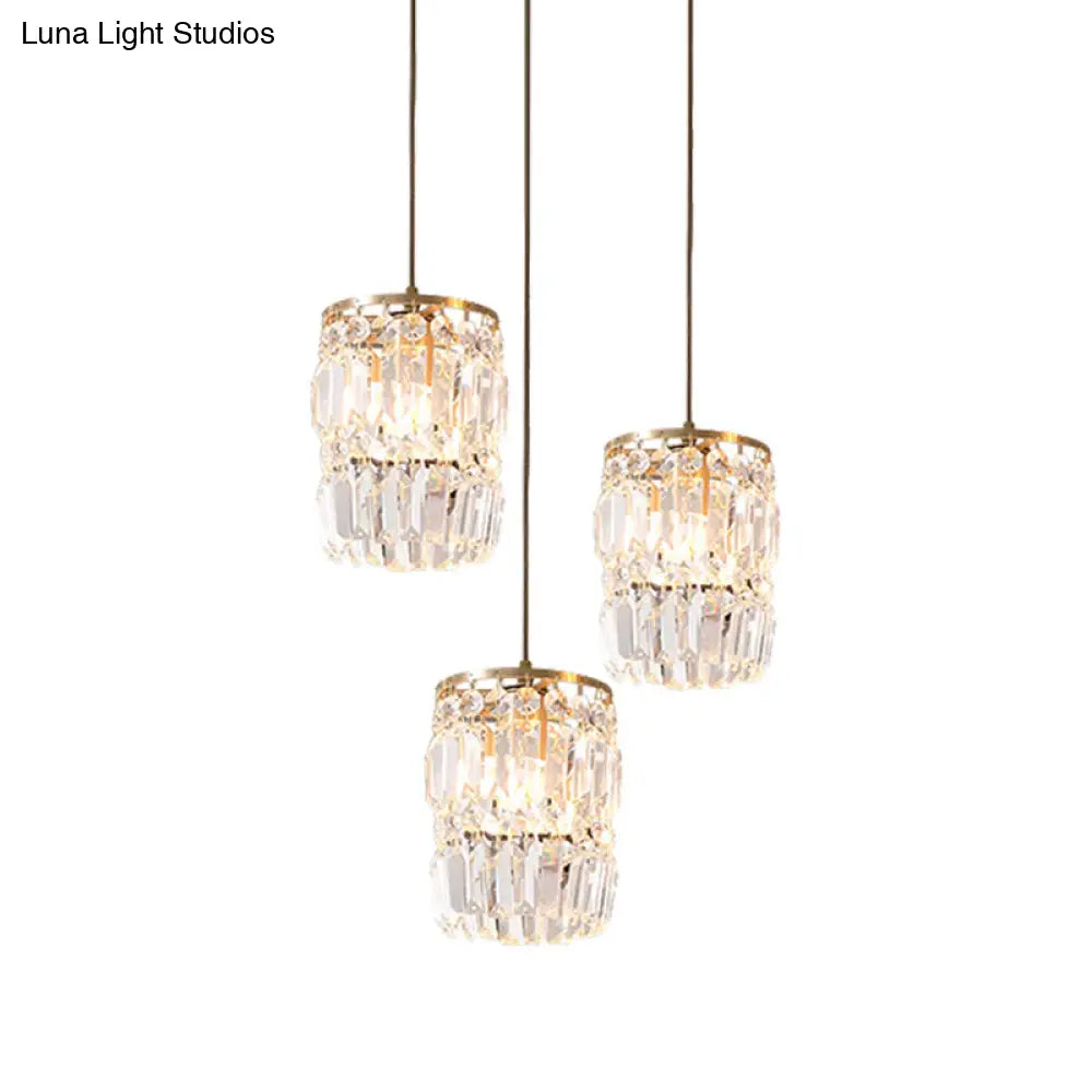 Modern Cylinder Crystal Hanging Light With Brass Finish - 3-Bulb Pendant Lamp Fixture