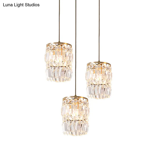 Modern Cylinder Crystal Hanging Light With Brass Finish - 3-Bulb Pendant Lamp Fixture