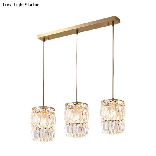 Modern Cylinder Crystal Hanging Light With Brass Finish - 3-Bulb Pendant Lamp Fixture