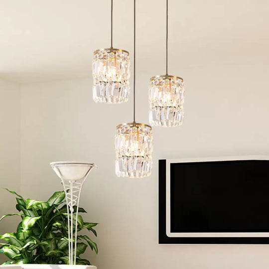 Modern Cylinder Crystal Hanging Light With Brass Finish - 3-Bulb Pendant Lamp Fixture / Round