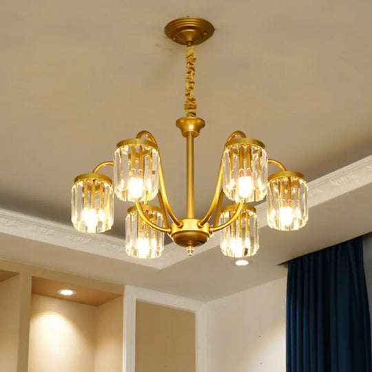 Modern Cylinder Crystal Pendant Chandelier With Gold Finish - 6/8 Heads 6 /