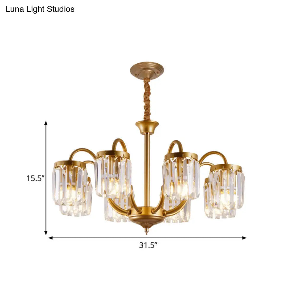 Modern Cylinder Crystal Pendant Chandelier With Gold Finish - 6/8 Heads