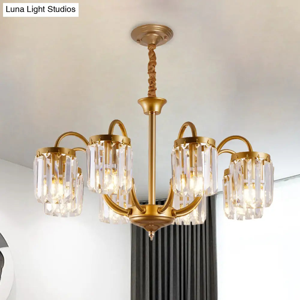 Modern Cylinder Crystal Pendant Chandelier With Gold Finish - 6/8 Heads