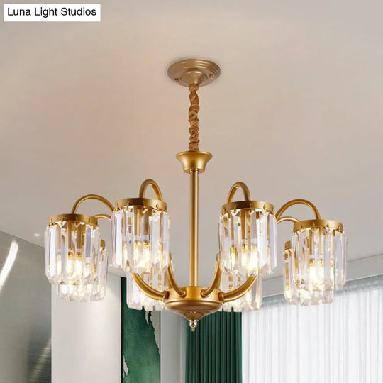 Modern Cylinder Pendant Chandelier With Crystal Prisms - Gold Finish 6/8 Heads Living Room Hanging