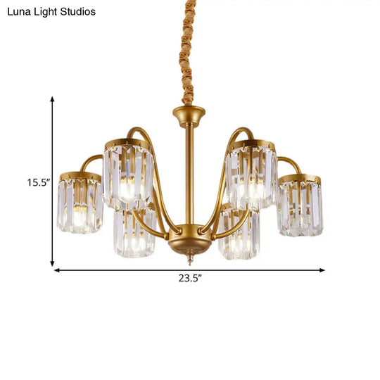 Modern Cylinder Pendant Chandelier With Crystal Prisms - Gold Finish 6/8 Heads Living Room Hanging