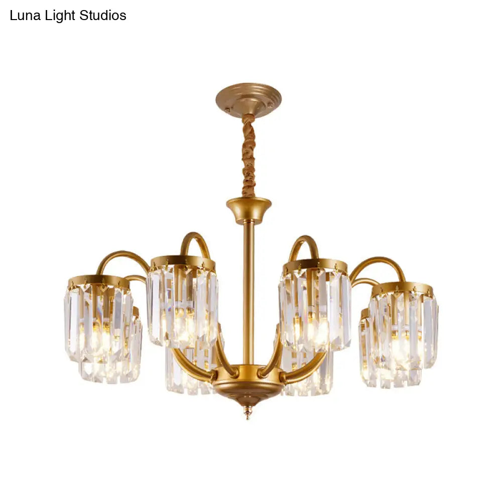 Modern Cylinder Pendant Chandelier With Crystal Prisms - Gold Finish 6/8 Heads Living Room Hanging