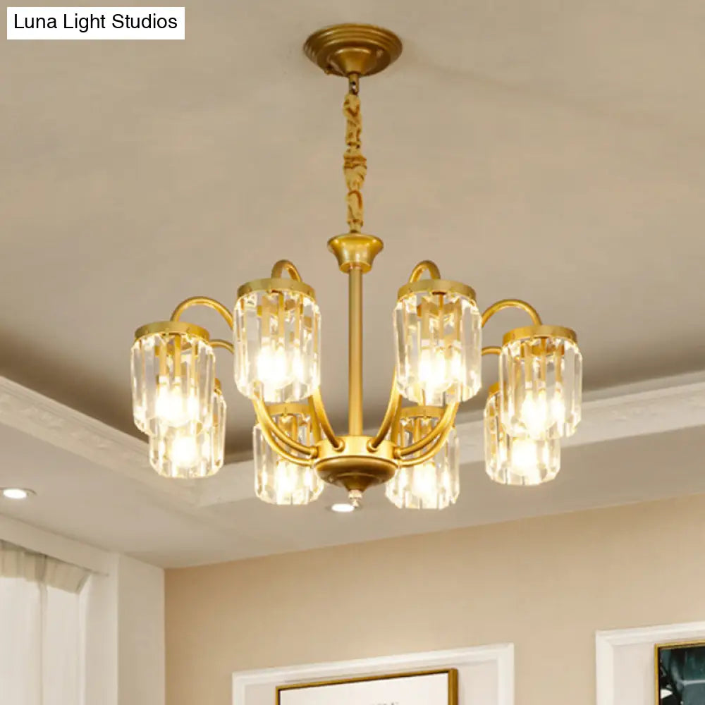 Modern Cylinder Pendant Chandelier With Crystal Prisms - Gold Finish 6/8 Heads Living Room Hanging