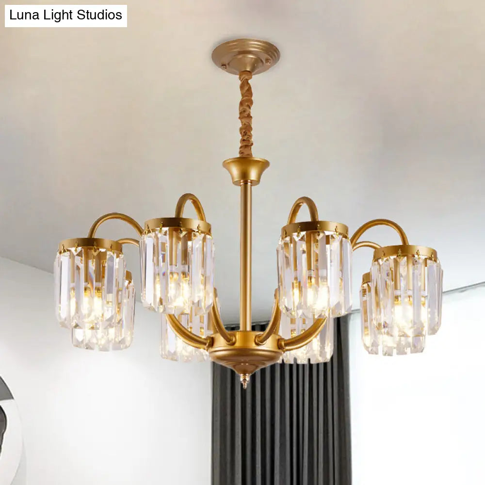 Modern Cylinder Pendant Chandelier With Crystal Prisms - Gold Finish 6/8 Heads Living Room Hanging