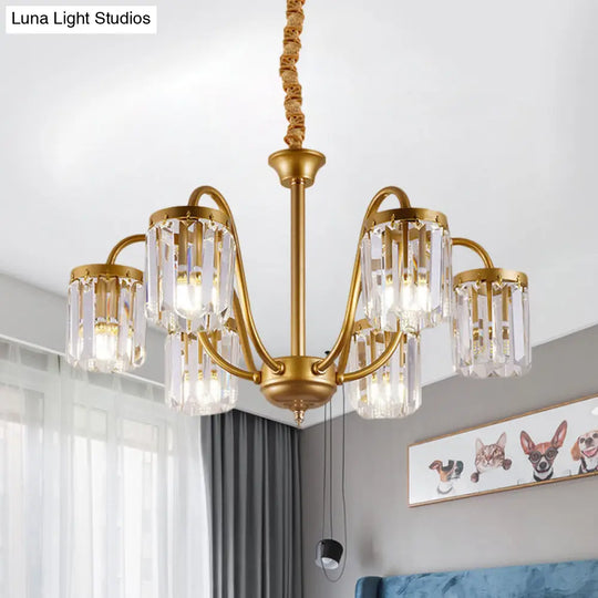 Modern Cylinder Crystal Pendant Chandelier With Gold Finish - 6/8 Heads