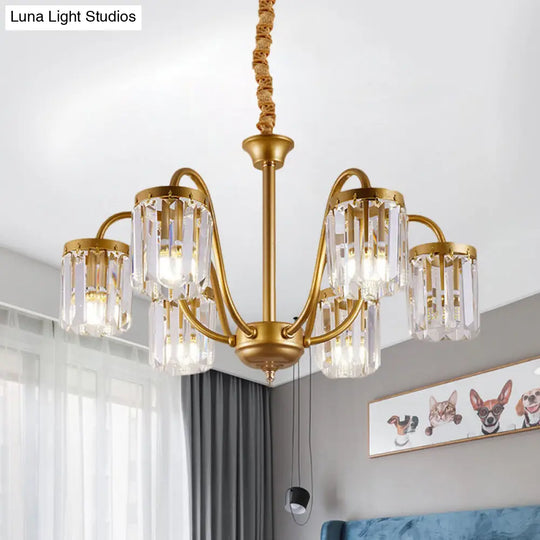 Modern Cylinder Pendant Chandelier With Crystal Prisms - Gold Finish 6/8 Heads Living Room Hanging