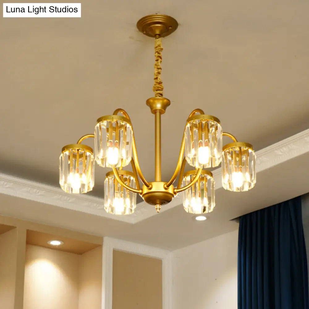 Modern Cylinder Pendant Chandelier With Crystal Prisms - Gold Finish 6/8 Heads Living Room Hanging