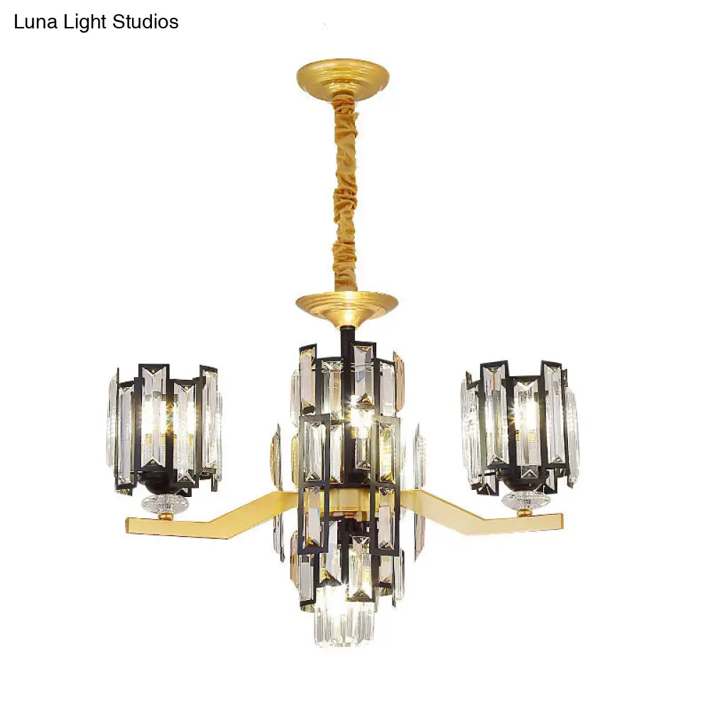 Modern Cylinder Crystal Pendant Chandelier Lamp With 4/7 Lights | Black & Gold Fixture For Living