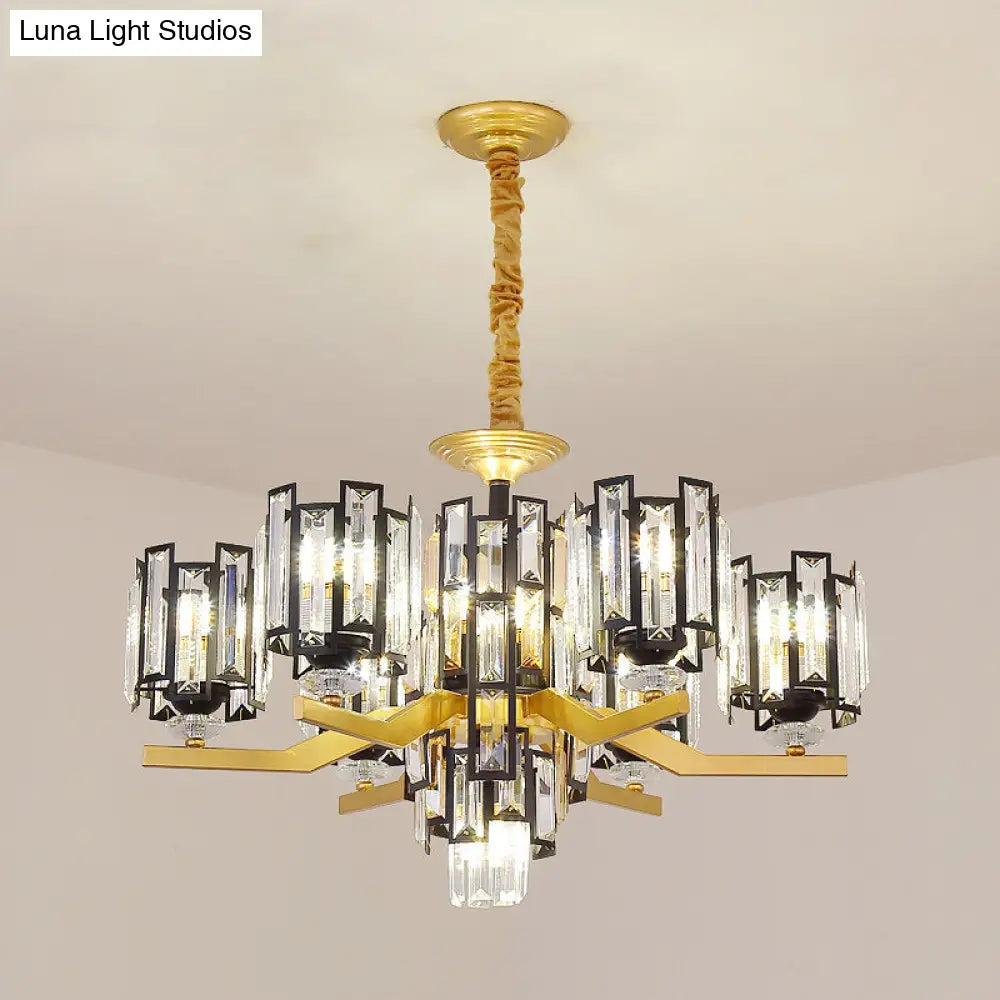 Modern Cylinder Crystal Rectangle Pendant Chandelier In Black/Gold - 4/7 Lights Living Room Lamp