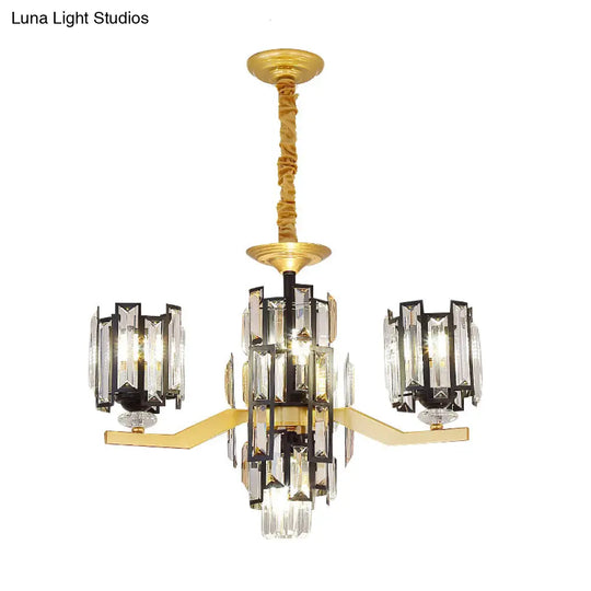 Modern Cylinder Crystal Rectangle Pendant Chandelier In Black/Gold - 4/7 Lights Living Room Lamp