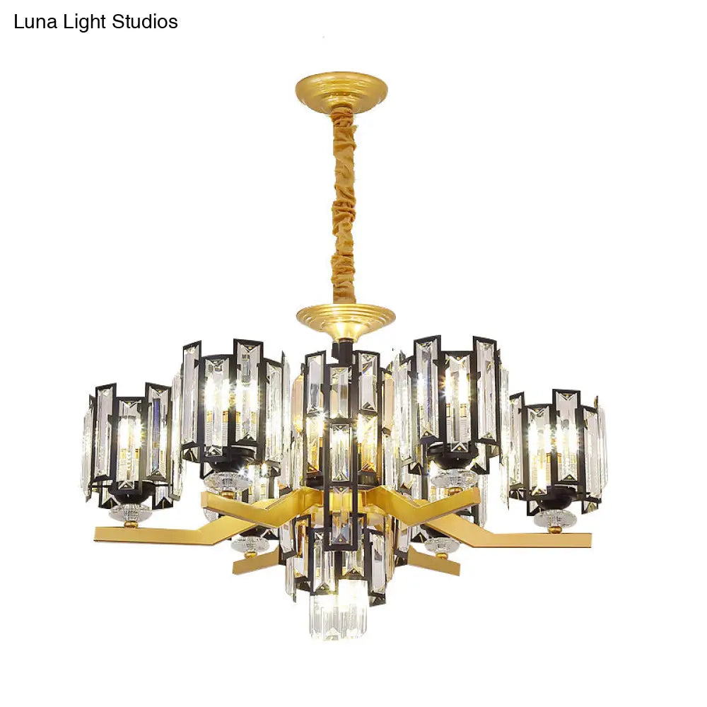 Modern Cylinder Crystal Rectangle Pendant Chandelier In Black/Gold - 4/7 Lights Living Room Lamp