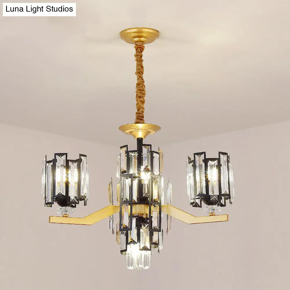 Modern Cylinder Crystal Pendant Chandelier Lamp With 4/7 Lights | Black & Gold Fixture For Living