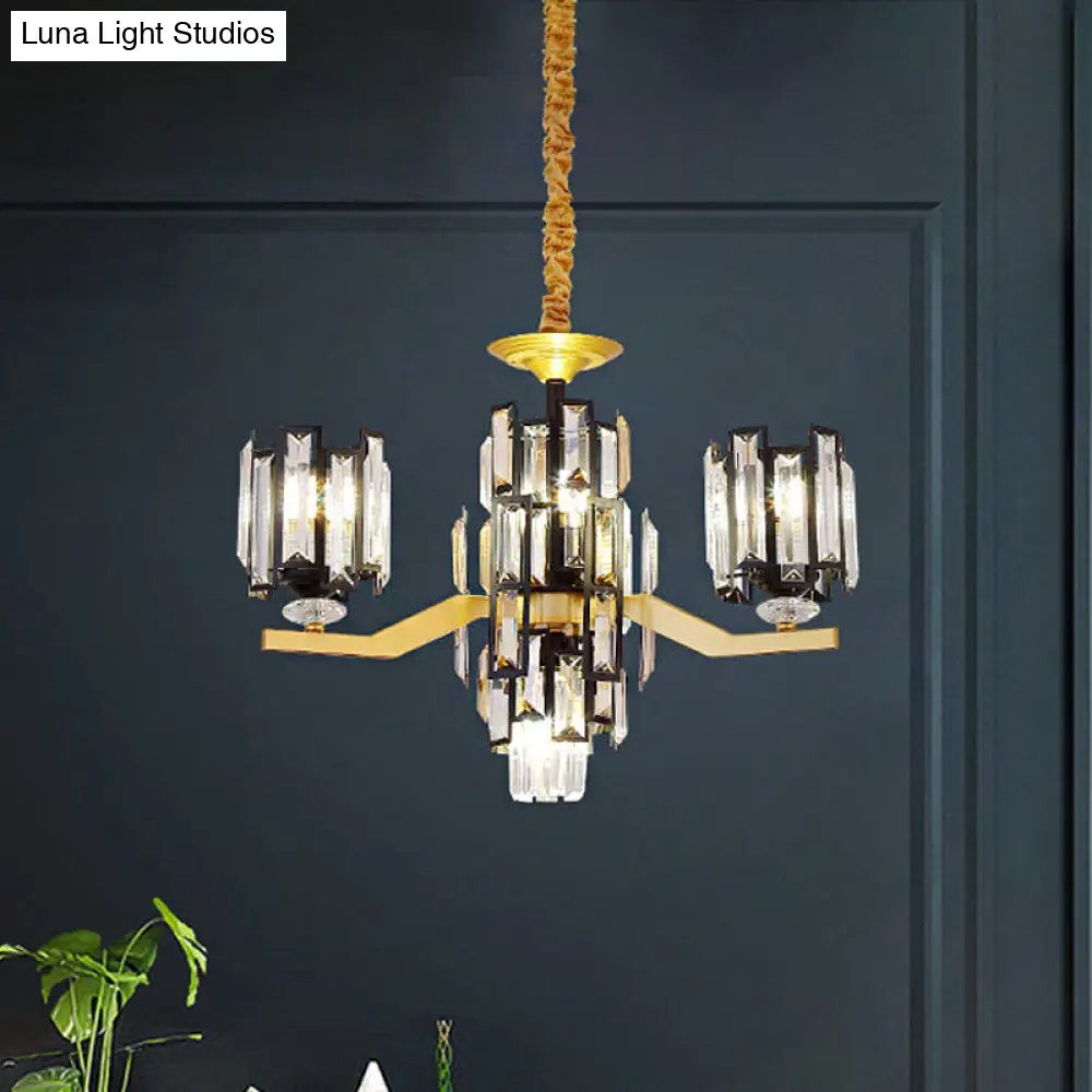 Modern Cylinder Crystal Pendant Chandelier Lamp With 4/7 Lights | Black & Gold Fixture For Living