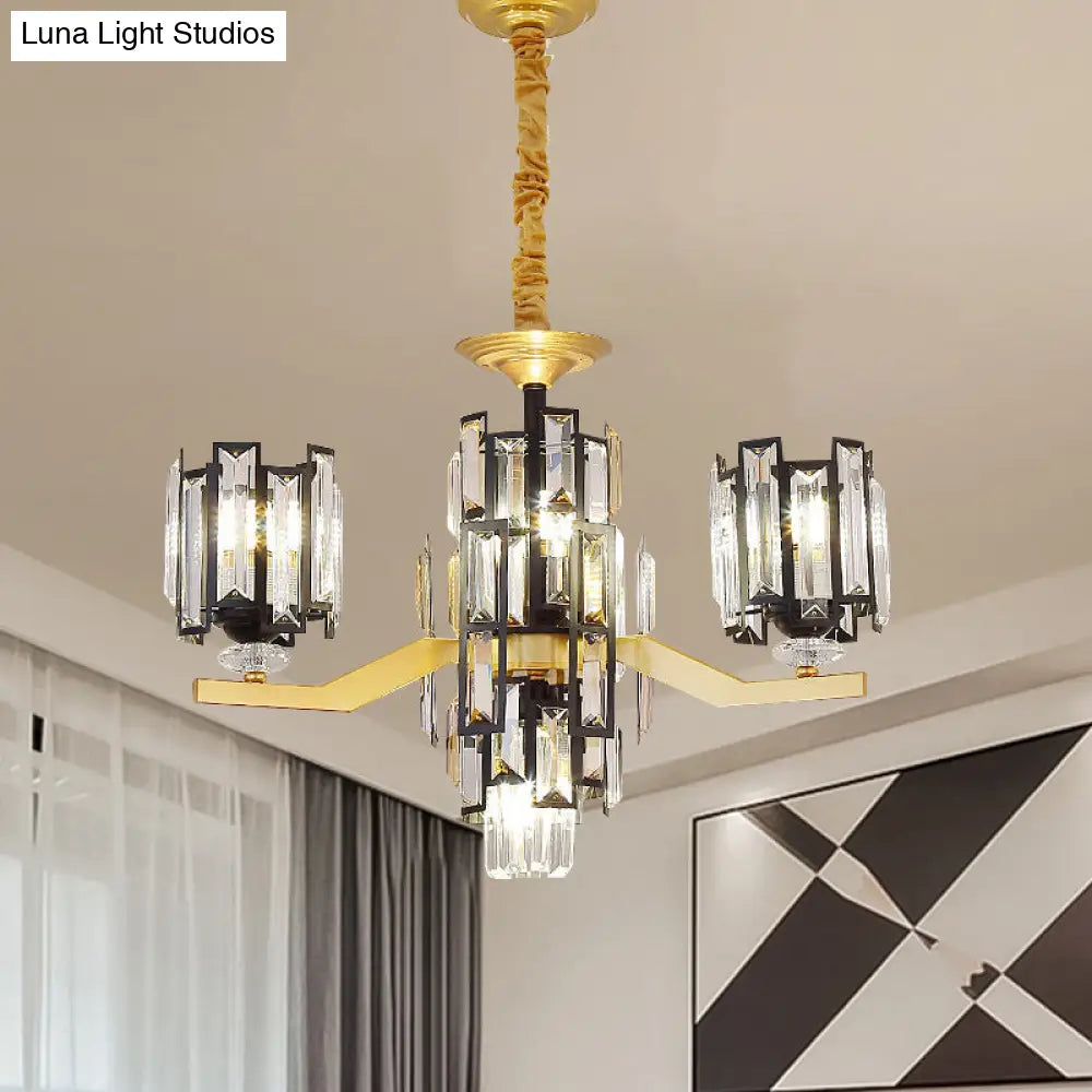 Modern Cylinder Crystal Rectangle Pendant Chandelier In Black/Gold - 4/7 Lights Living Room Lamp