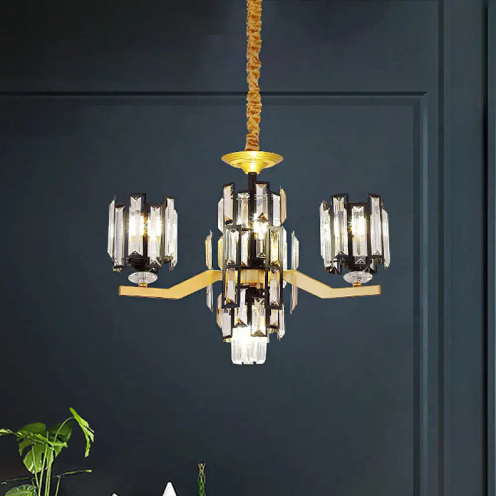 Modern Cylinder Crystal Rectangle Pendant Chandelier In Black/Gold - 4/7 Lights Living Room Lamp