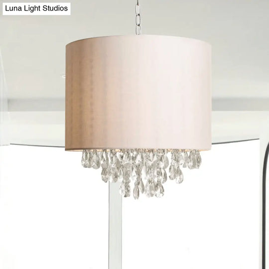 Modern Cylinder Fabric Chandelier - Beige Pendant Light With Crystal Drop (3/4 Heads)