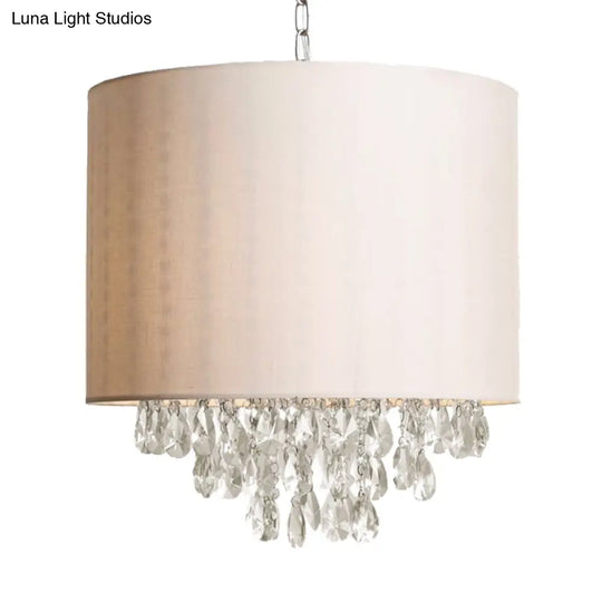 Modern Cylinder Fabric Pendant Chandelier With Crystal Drops - Beige Hanging Light (3/4 Heads)