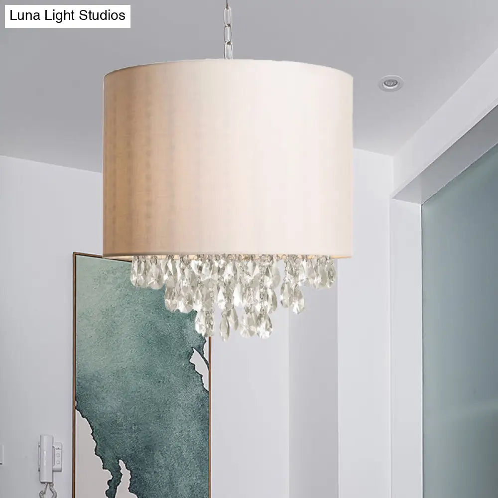 Modern Cylinder Fabric Chandelier - Beige Pendant Light With Crystal Drop (3/4 Heads) 4 /