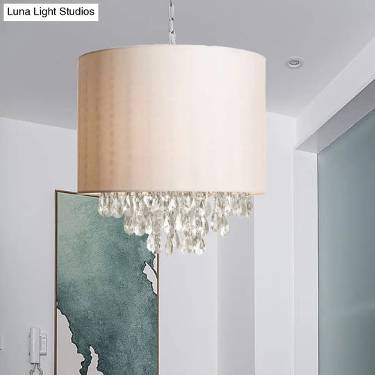 Modern Cylinder Fabric Chandelier - Beige Pendant Light With Crystal Drop (3/4 Heads) 4 /