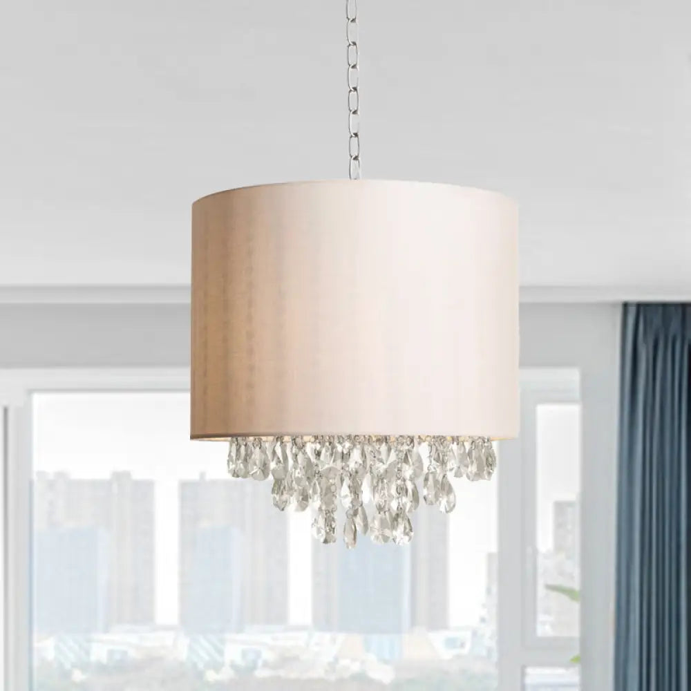 Modern Cylinder Fabric Pendant Chandelier With Crystal Drops - Beige Hanging Light (3/4 Heads) 3 /