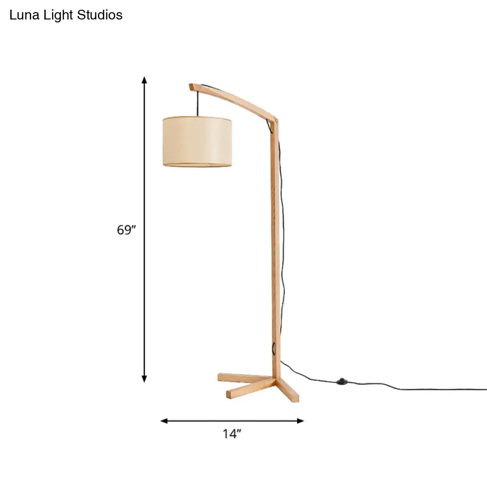 Modern Cylinder Fabric Reading Floor Lamp With Wood Base And Bow Pole