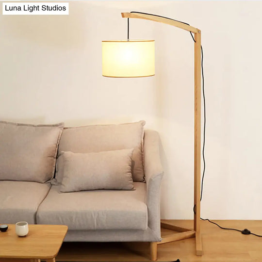 Modern Cylinder Fabric Reading Floor Lamp With Wood Base And Bow Pole