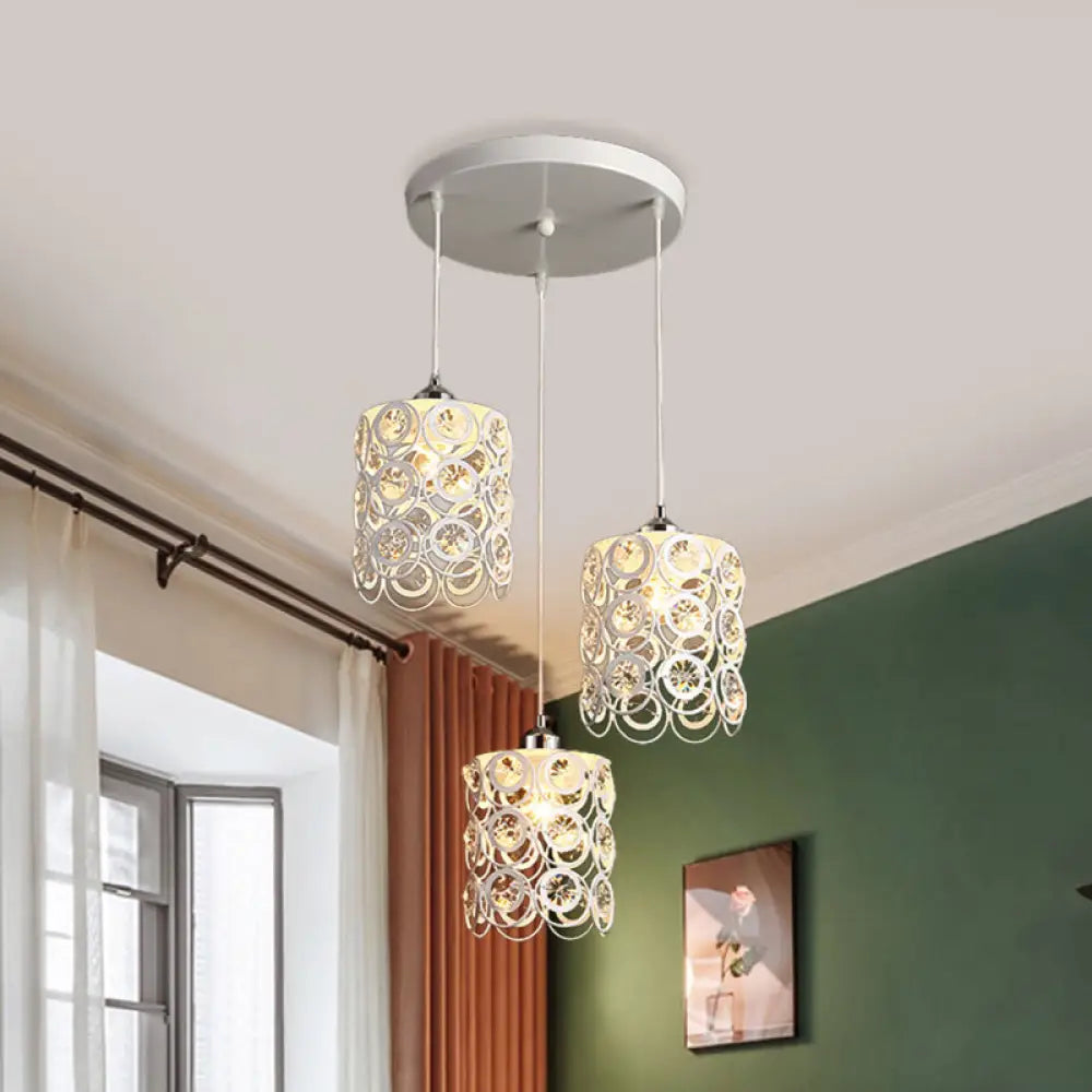 Modern Cylinder Hanging Lamp With K9 Crystal Embellishments 3-Head Design White Finish Multi