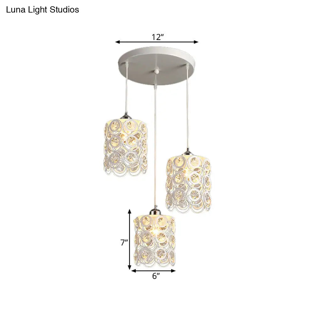 Modern Cylinder Hanging Lamp: K9 Crystal Embedded 3-Head White Finish Ceiling Light