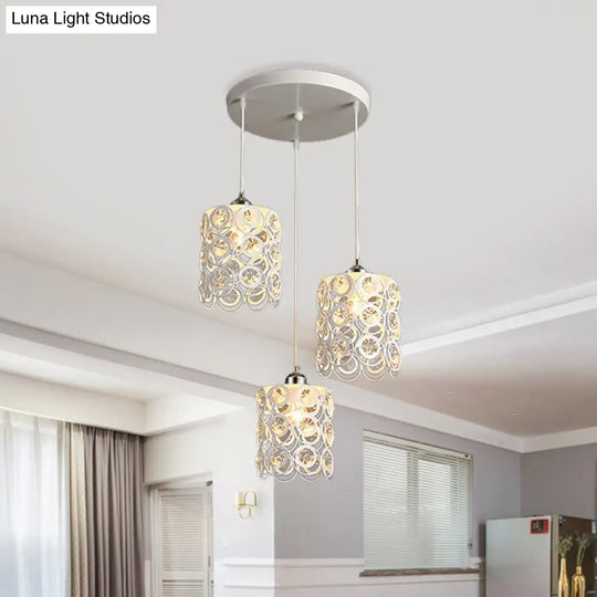 Modern Cylinder Hanging Lamp: K9 Crystal Embedded 3-Head White Finish Ceiling Light