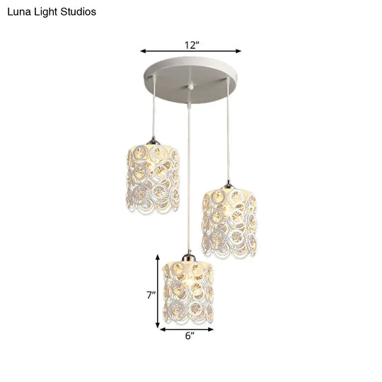 Modern Cylinder Hanging Lamp With K9 Crystal Embellishments 3-Head Design White Finish Multi