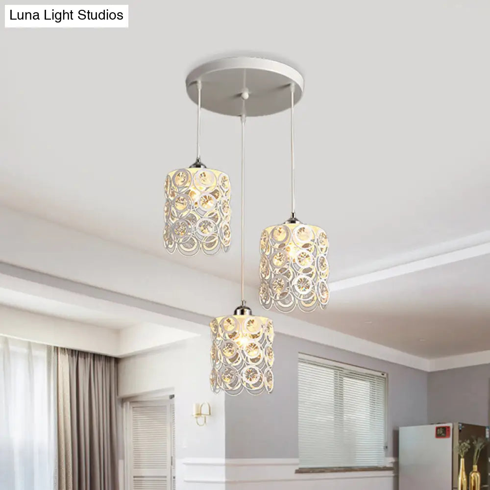 Modern Cylinder Hanging Lamp With K9 Crystal Embellishments 3-Head Design White Finish Multi