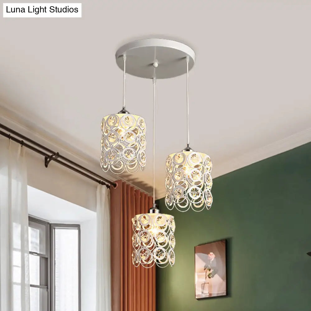 Modern Cylinder Hanging Lamp: K9 Crystal Embedded 3-Head White Finish Ceiling Light