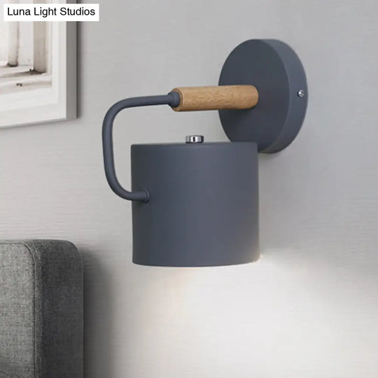 Modern Cylinder Sconce Lamp With Curved Arm Led Bulb Grey/Green Wall Mount