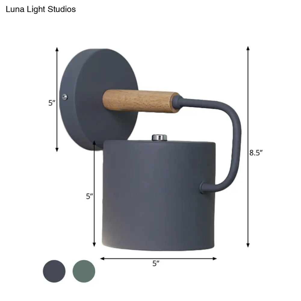 Modern Cylinder Sconce Lamp With Curved Arm Led Bulb Grey/Green Wall Mount