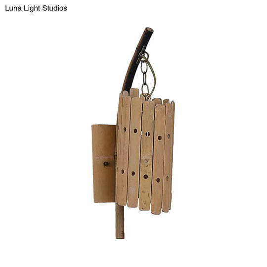 Modern Cylinder Shaped Bamboo Wood Wall Light Fixture With Pierced Design - Balcony Sconce Lighting