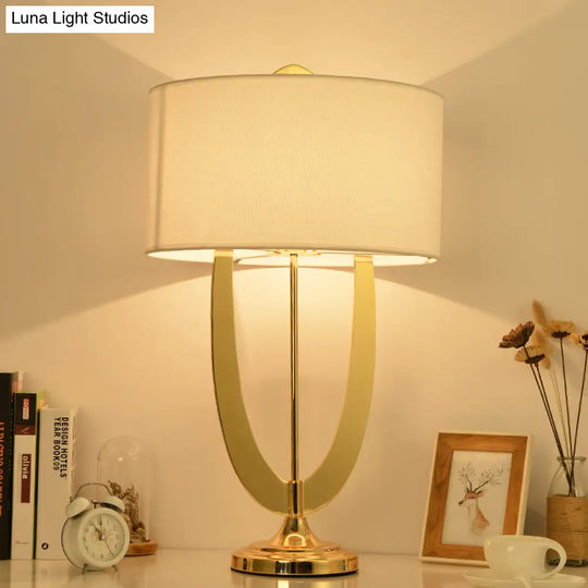 Modern Cylinder Task Lamp: 1-Head Fabric Reading Light In White With Metal Base