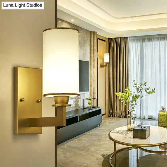 Modern Cylinder Wall Lamp 1/2-Head Frosted Glass Fixture In Brass For Living Room - Modernism Style