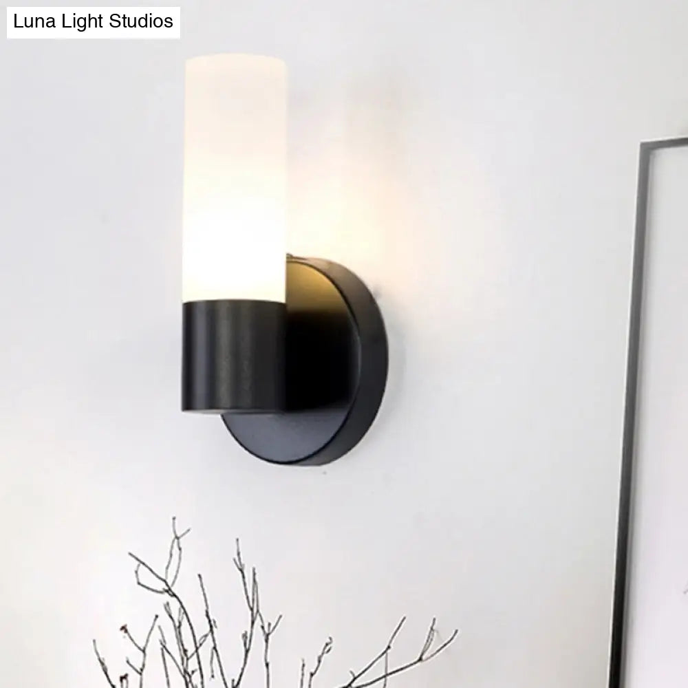 Modern Cylinder White Glass Sconce Lamp With 1 Black Led Light - Wall Mounted Fixture