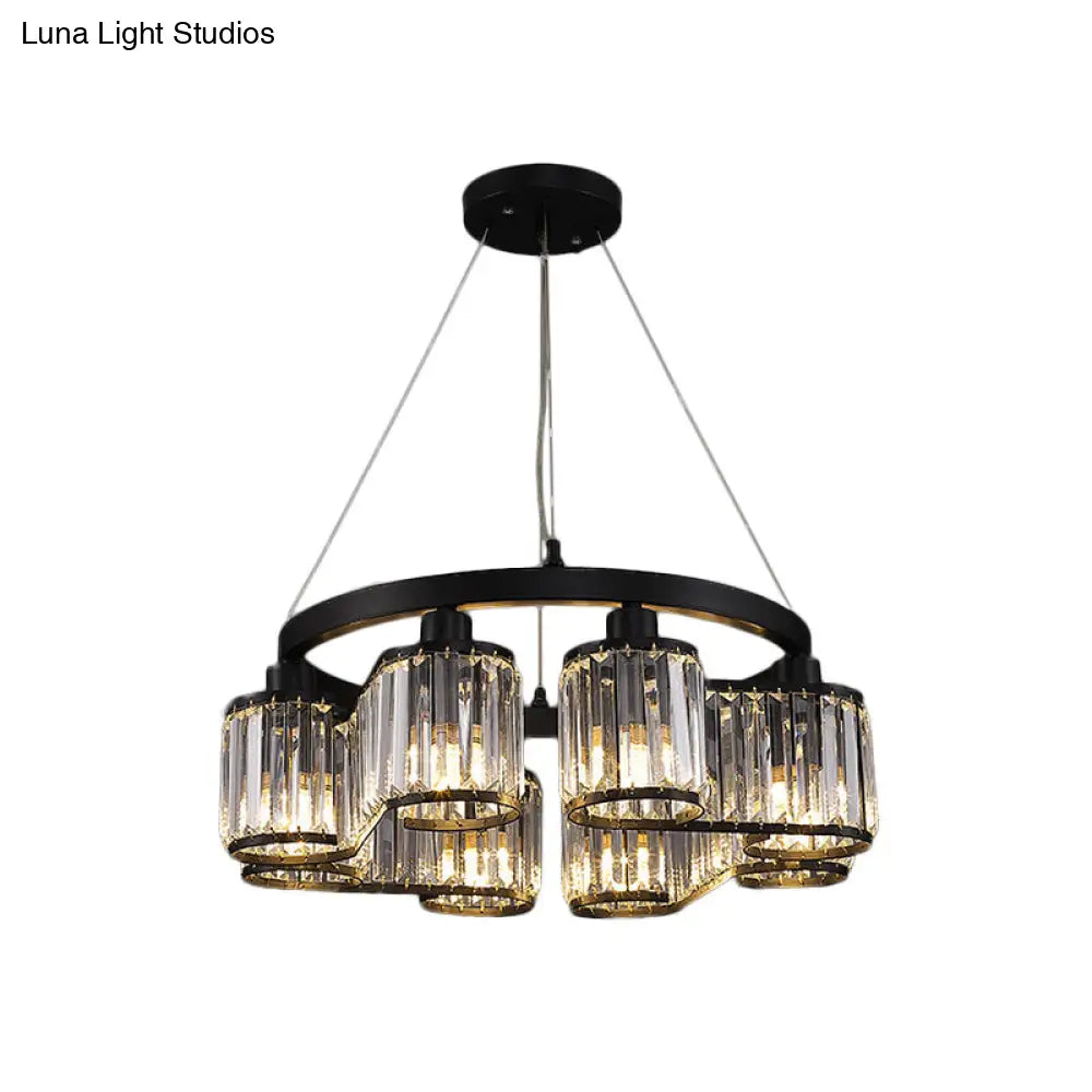 6/8 Light Modern Cylindrical Black Crystal Suspension Chandelier