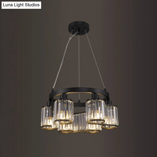 Modern Cylindrical Clear Crystal Black Suspension Chandelier - 6/8 Lights