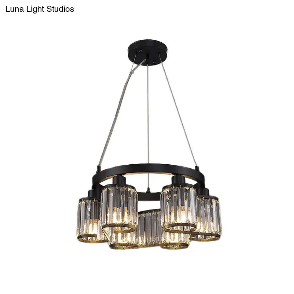 6/8 Light Modern Cylindrical Black Crystal Suspension Chandelier